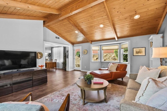 living room with baseboards, lofted ceiling with beams, wooden ceiling, and wood finished floors