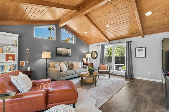 living room with vaulted ceiling with beams, wood ceiling, baseboards, and dark wood-style floors