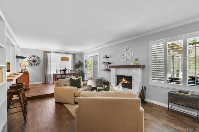 living room featuring baseboards, ornamental molding, dark wood-style flooring, and a fireplace