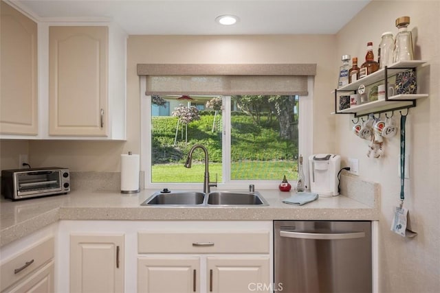 23692 Villena, Mission Viejo, CA 92692 - kitchen featuring dishwasher, a sink, light countertops, a toaster, and recessed lighting