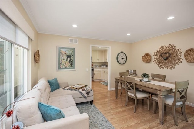 23692 Villena, Mission Viejo, CA 92692 - living room with recessed lighting, ornamental molding, light wood-type flooring, and visible vents