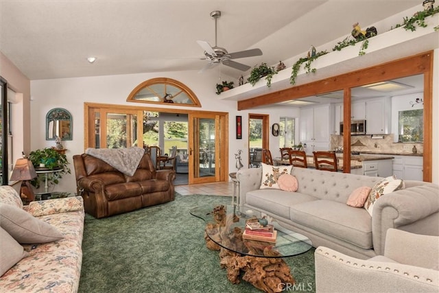 36556 Mudge Ranch Rd, Coarsegold, CA 93614 - carpeted living area with a ceiling fan and vaulted ceiling