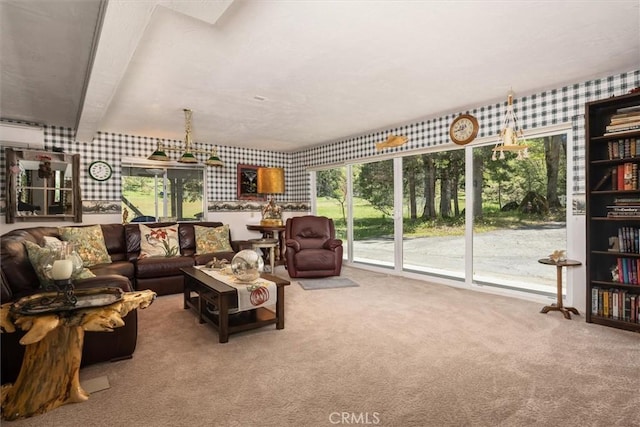 36556 Mudge Ranch Rd, Coarsegold, CA 93614 - living area featuring carpet floors, plenty of natural light, and wallpapered walls