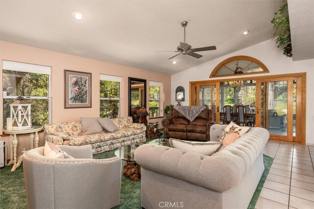 36556 Mudge Ranch Rd, Coarsegold, CA 93614 - tiled living area with recessed lighting, a ceiling fan, and lofted ceiling