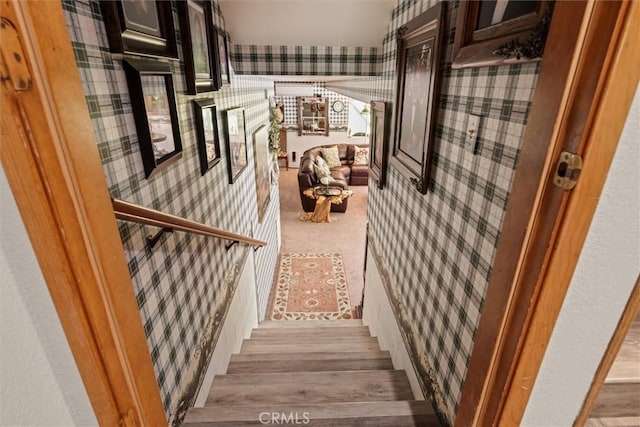36556 Mudge Ranch Rd, Coarsegold, CA 93614 - staircase featuring wallpapered walls