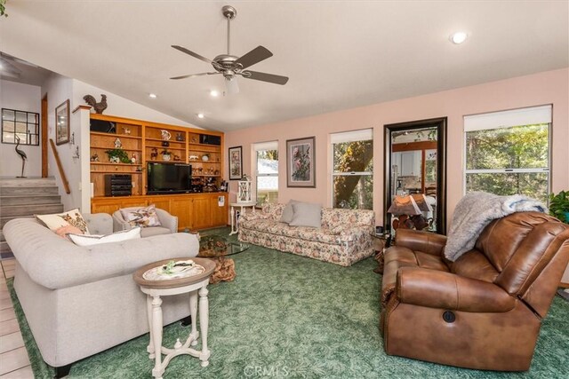 36556 Mudge Ranch Rd, Coarsegold, CA 93614 - living room with stairway, a ceiling fan, vaulted ceiling, and recessed lighting