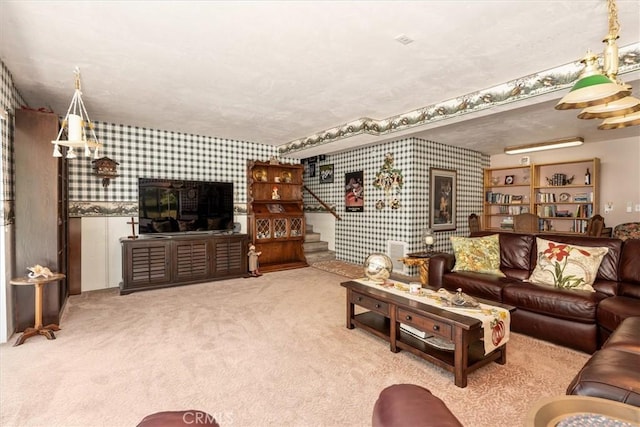 36556 Mudge Ranch Rd, Coarsegold, CA 93614 - living room featuring carpet flooring, wallpapered walls, and stairway