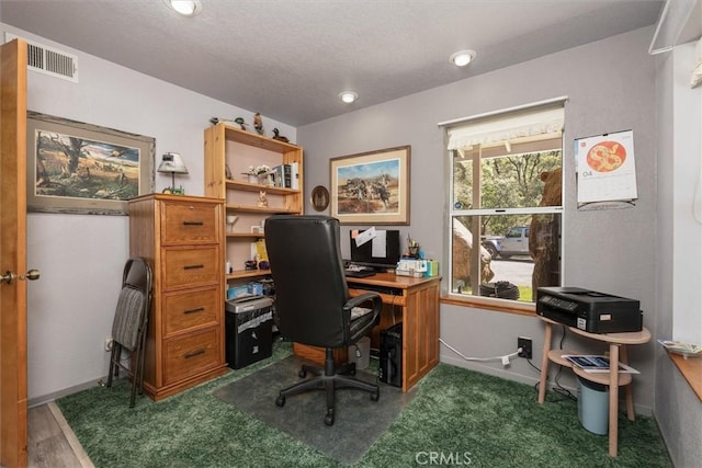 36556 Mudge Ranch Rd, Coarsegold, CA 93614 - office space featuring baseboards, dark colored carpet, a textured ceiling, and visible vents
