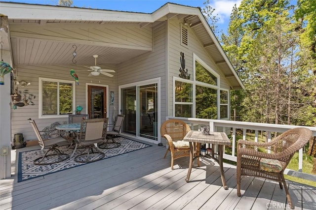 36556 Mudge Ranch Rd, Coarsegold, CA 93614 - deck with ceiling fan and outdoor dining space