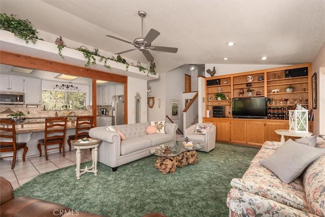 36556 Mudge Ranch Rd, Coarsegold, CA 93614 - living area featuring tile patterned floors, a ceiling fan, recessed lighting, lofted ceiling, and stairway