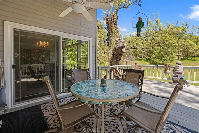 36556 Mudge Ranch Rd, Coarsegold, CA 93614 - wooden terrace featuring outdoor dining area and ceiling fan