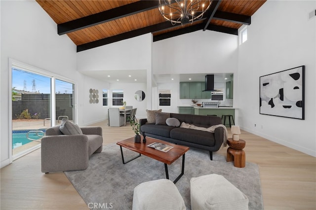 6316 Michelson St, Lakewood, CA 90713 - living area with an inviting chandelier, visible vents, beam ceiling, light wood-type flooring, and wooden ceiling