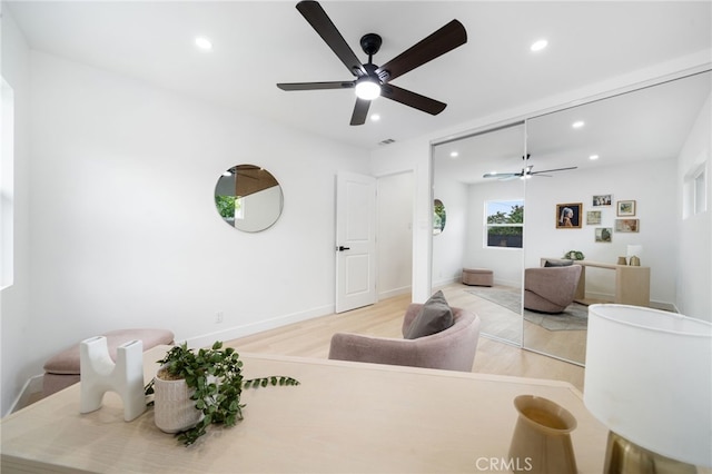 6316 Michelson St, Lakewood, CA 90713 - living room with visible vents, wood finished floors, baseboards, ceiling fan, and recessed lighting