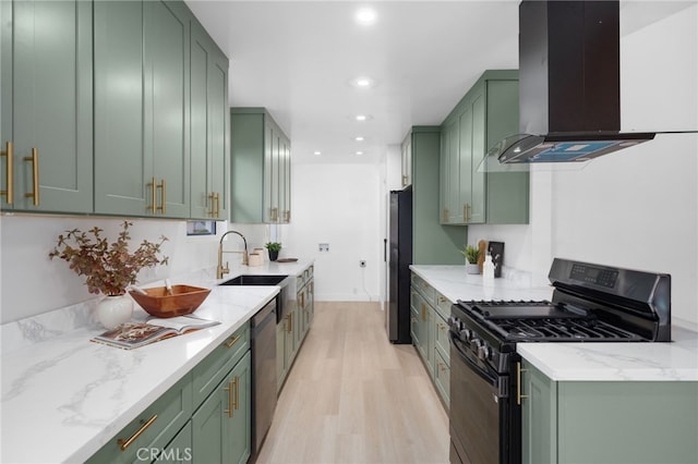 6316 Michelson St, Lakewood, CA 90713 - kitchen featuring exhaust hood, green cabinets, black appliances, recessed lighting, and light wood-style flooring