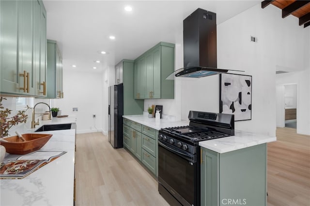 6316 Michelson St, Lakewood, CA 90713 - kitchen with a sink, stainless steel fridge with ice dispenser, black range with gas stovetop, wall chimney exhaust hood, and green cabinets