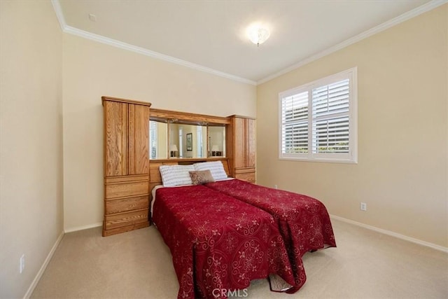 bedroom with crown molding, baseboards, and light carpet
