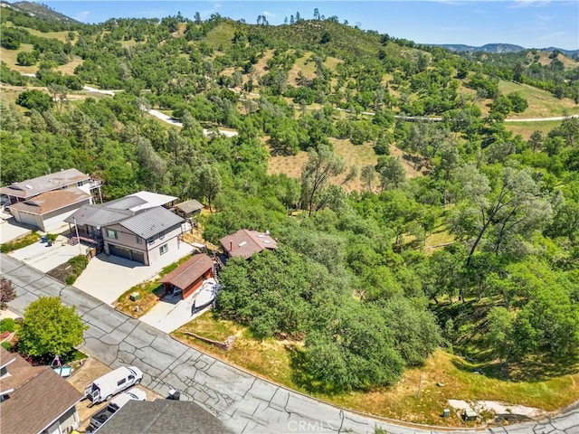 aerial view featuring a view of trees and a mountain view