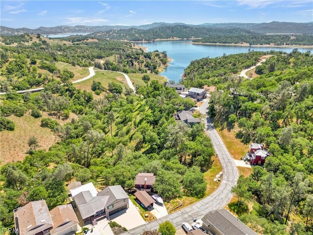 drone / aerial view featuring a water and mountain view and a forest view