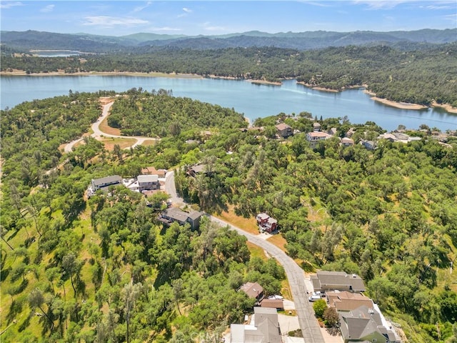 bird's eye view featuring a water and mountain view and a wooded view