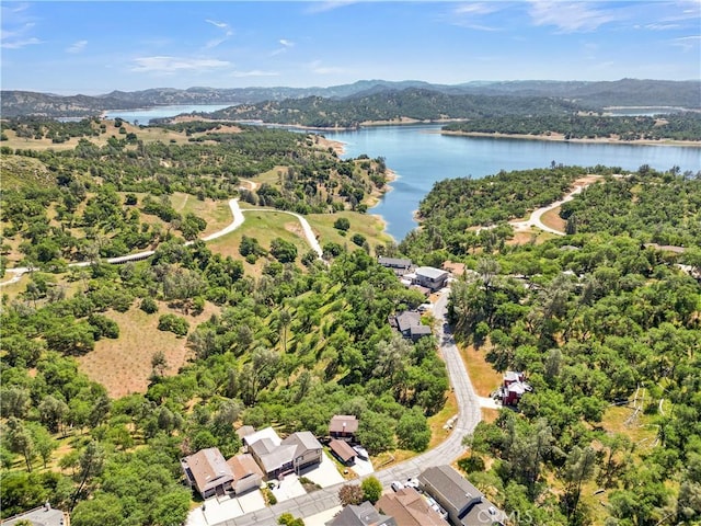 drone / aerial view with a water and mountain view and a forest view