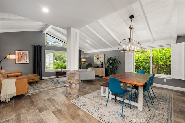 324 W S Ave, Redlands, CA 92373 - dining room with decorative columns, wood finished floors, and a chandelier