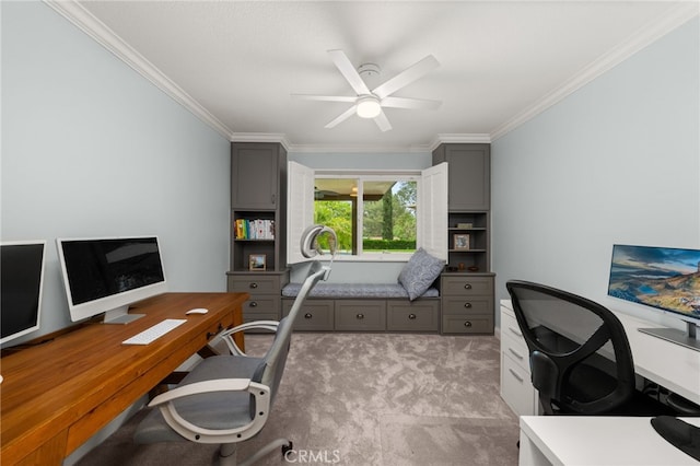 324 W S Ave, Redlands, CA 92373 - home office featuring ceiling fan, ornamental molding, and light colored carpet