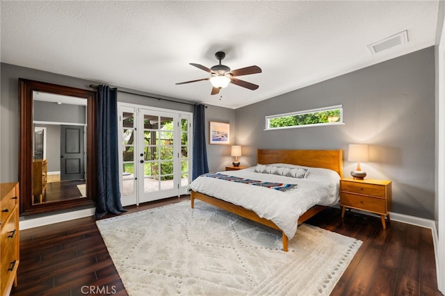 324 W S Ave, Redlands, CA 92373 - bedroom with access to outside, dark wood-style floors, lofted ceiling, ceiling fan, and a textured ceiling