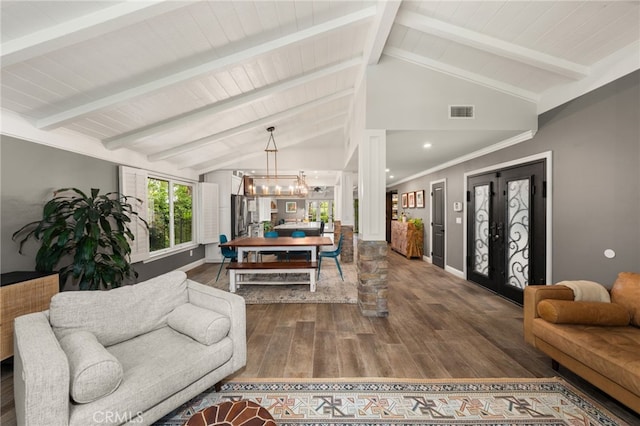 324 W S Ave, Redlands, CA 92373 - living area featuring wood finished floors, a chandelier, and wood ceiling