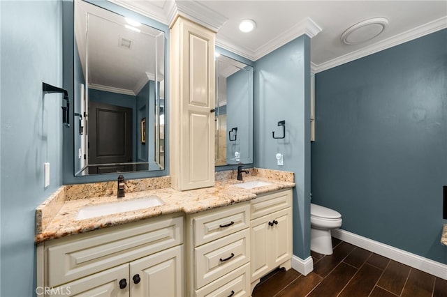 324 W S Ave, Redlands, CA 92373 - full bathroom featuring double vanity, wood tiled floors, and crown molding