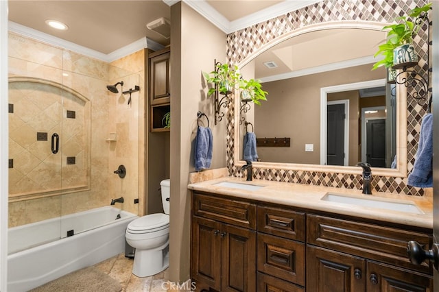 324 W S Ave, Redlands, CA 92373 - full bathroom with double vanity, bath / shower combo with glass door, ornamental molding, decorative backsplash, and recessed lighting