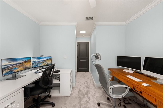 324 W S Ave, Redlands, CA 92373 - office featuring ornamental molding, light carpet, and ceiling fan