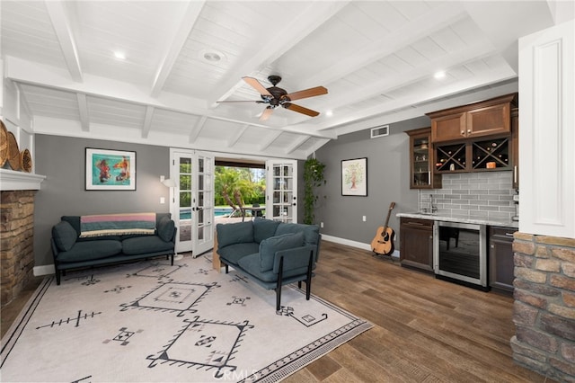 324 W S Ave, Redlands, CA 92373 - living room featuring wine cooler, french doors, bar with sink, wood finished floors, and a ceiling fan