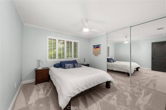 324 W S Ave, Redlands, CA 92373 - bedroom featuring carpet floors, crown molding, a closet, and a ceiling fan