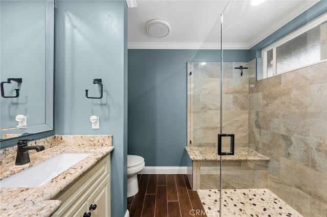324 W S Ave, Redlands, CA 92373 - full bathroom with a shower stall, crown molding, vanity, and wood tiled floors