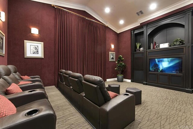 10832 Scripps Ranch Blvd Unit 307, San Diego, CA 92131 - carpeted home theater room featuring crown molding, lofted ceiling, and visible vents