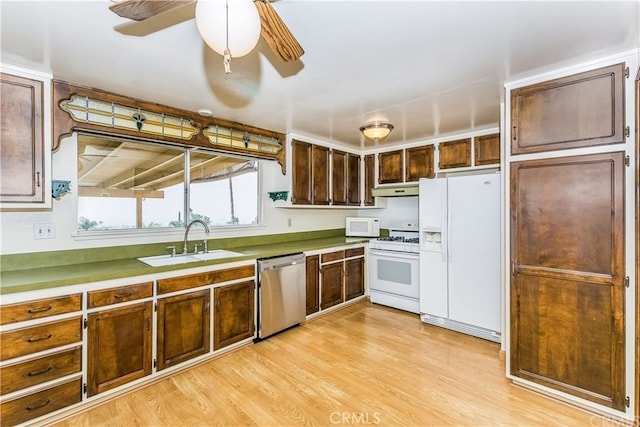 3899 28th St, Highland, CA 92346 - kitchen featuring white appliances, a sink, light wood finished floors, under cabinet range hood, and ceiling fan