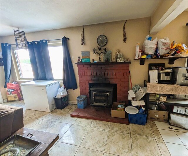 14136 Osage Rd, Apple Valley, CA 92307 - tiled living room with a wood stove