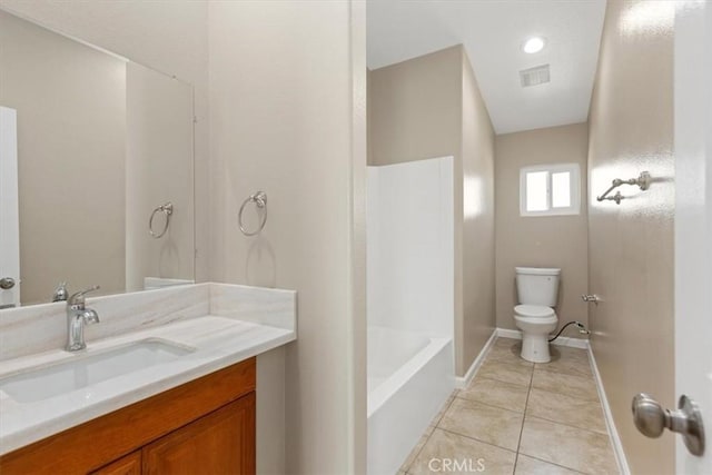 full bathroom with visible vents, tile patterned flooring, vanity, baseboards, and toilet