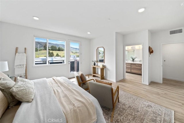 2475 Victoria Ave Unit 410, San Luis Obispo, CA 93401 - bedroom with recessed lighting, baseboards, visible vents, light wood-style floors, and access to exterior