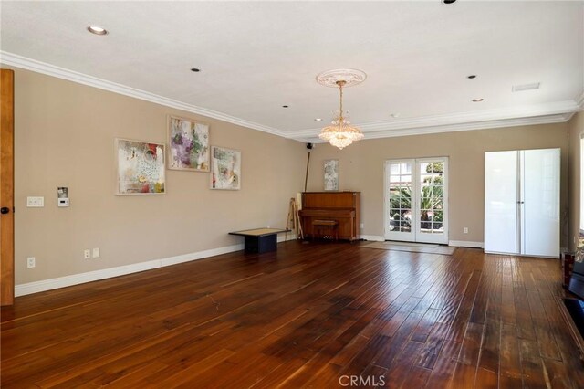 20454 Sartell Dr, Walnut, CA 91789 - unfurnished living room with baseboards, ornamental molding, hardwood / wood-style floors, and a chandelier