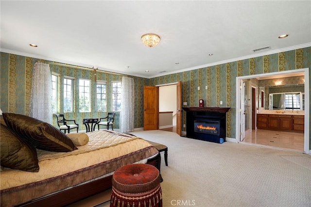 20454 Sartell Dr, Walnut, CA 91789 - carpeted bedroom with ornamental molding, multiple windows, and wallpapered walls