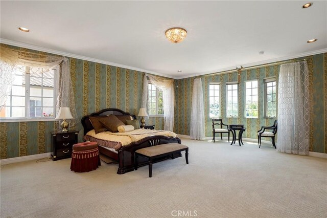 20454 Sartell Dr, Walnut, CA 91789 - bedroom featuring carpet floors, ornamental molding, baseboards, and wallpapered walls