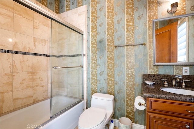 20454 Sartell Dr, Walnut, CA 91789 - full bath featuring vanity, combined bath / shower with glass door, toilet, and wallpapered walls