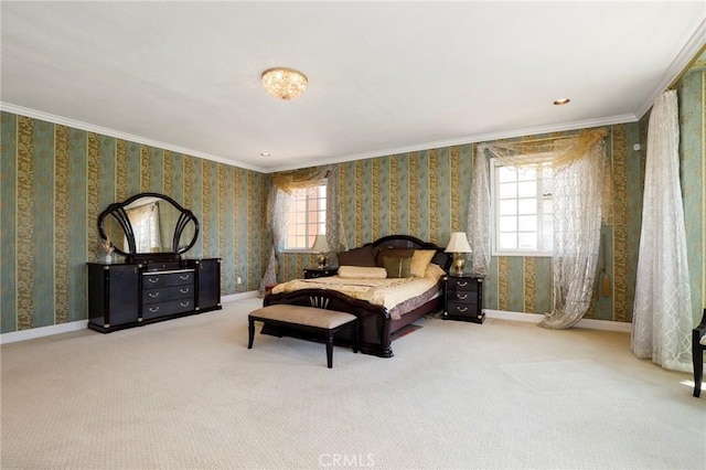 20454 Sartell Dr, Walnut, CA 91789 - bedroom featuring carpet floors, ornamental molding, and wallpapered walls