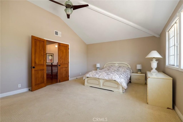 20454 Sartell Dr, Walnut, CA 91789 - carpeted bedroom featuring baseboards, visible vents, ceiling fan, and lofted ceiling