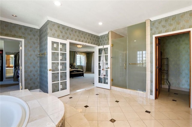 20454 Sartell Dr, Walnut, CA 91789 - ensuite bathroom featuring ensuite bathroom, french doors, ornamental molding, wallpapered walls, and tiled shower