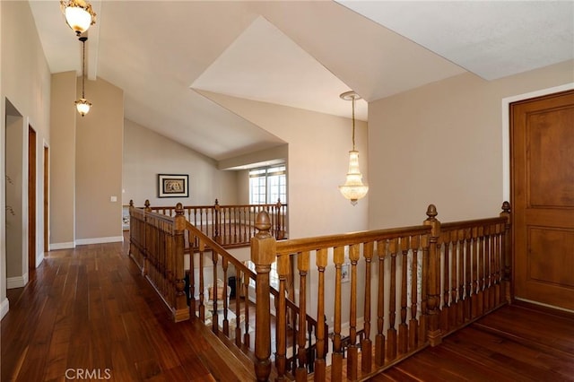 20454 Sartell Dr, Walnut, CA 91789 - hallway featuring wood-type flooring, baseboards, lofted ceiling, and an upstairs landing