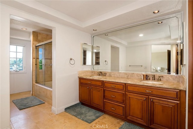 20454 Sartell Dr, Walnut, CA 91789 - full bathroom featuring a tile shower, a sink, and a raised ceiling
