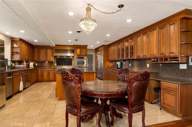 20454 Sartell Dr, Walnut, CA 91789 - dining area with light tile patterned flooring, recessed lighting, and an inviting chandelier