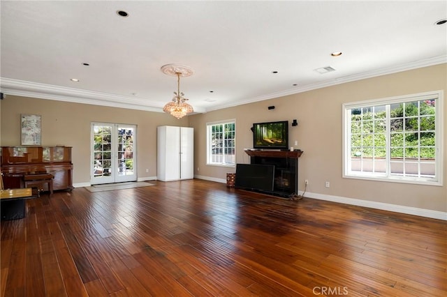 20454 Sartell Dr, Walnut, CA 91789 - unfurnished living room with visible vents, ornamental molding, hardwood / wood-style floors, and a chandelier
